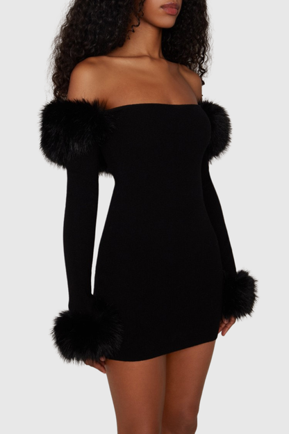 Bonita Faux Fur Off Shoulder Knit Mini Dress