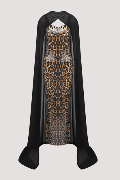 Borgna Leopard Sequin Maxi Dress & Cape Set