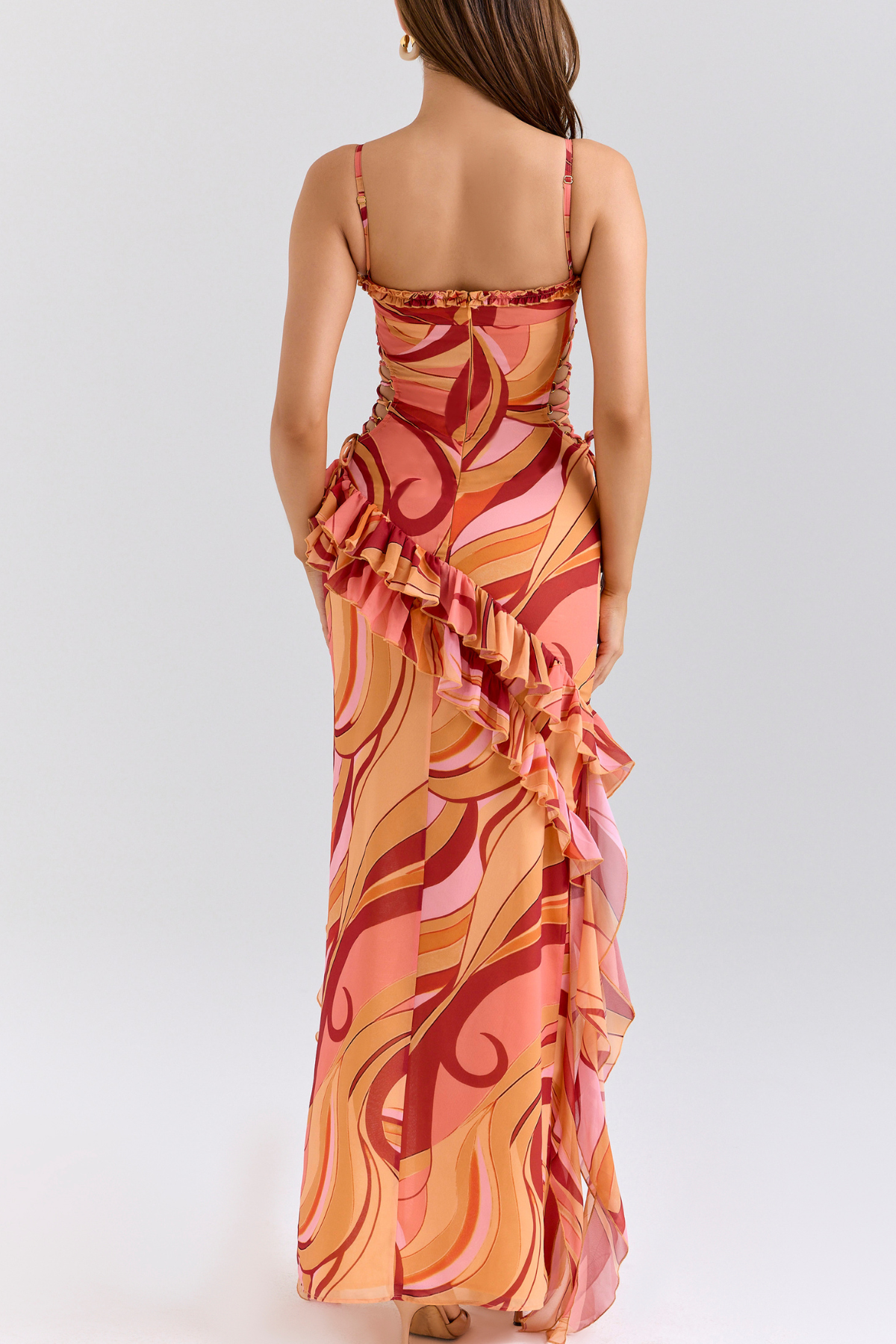 Bova Swirl Print Ruffle Cutout Maxi Dress
