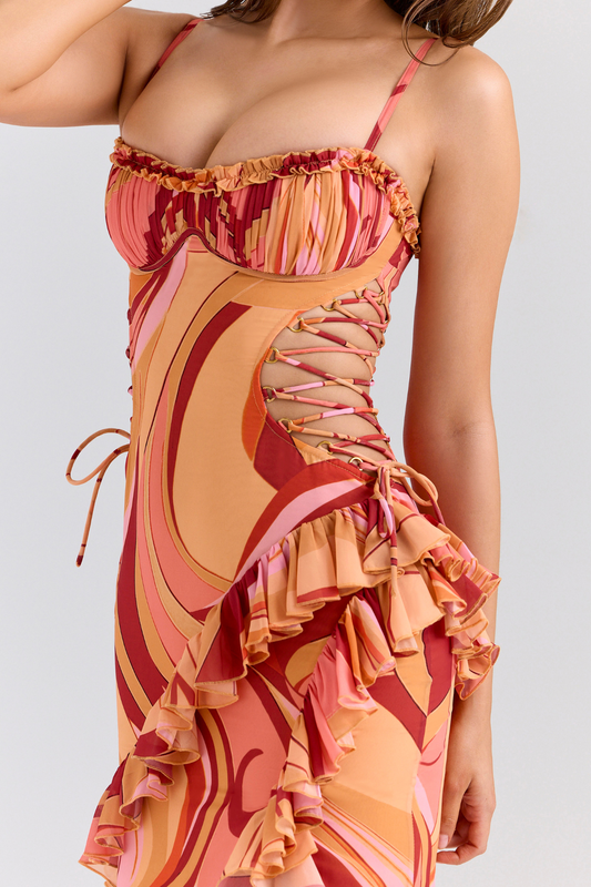 Bova Swirl Print Ruffle Cutout Maxi Dress