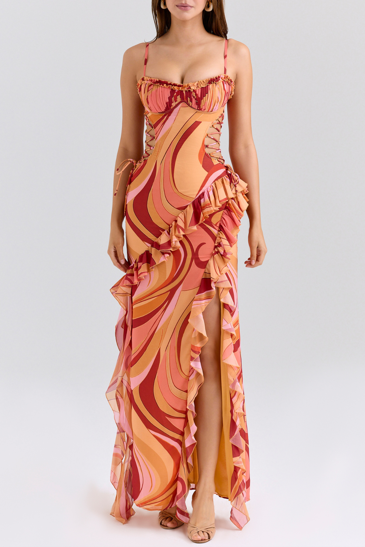 Bova Swirl Print Ruffle Cutout Maxi Dress