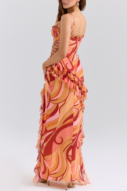 Bova Swirl Print Ruffle Cutout Maxi Dress