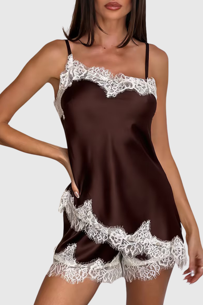 Bradfea Lace Top & Shorts Set - Brown