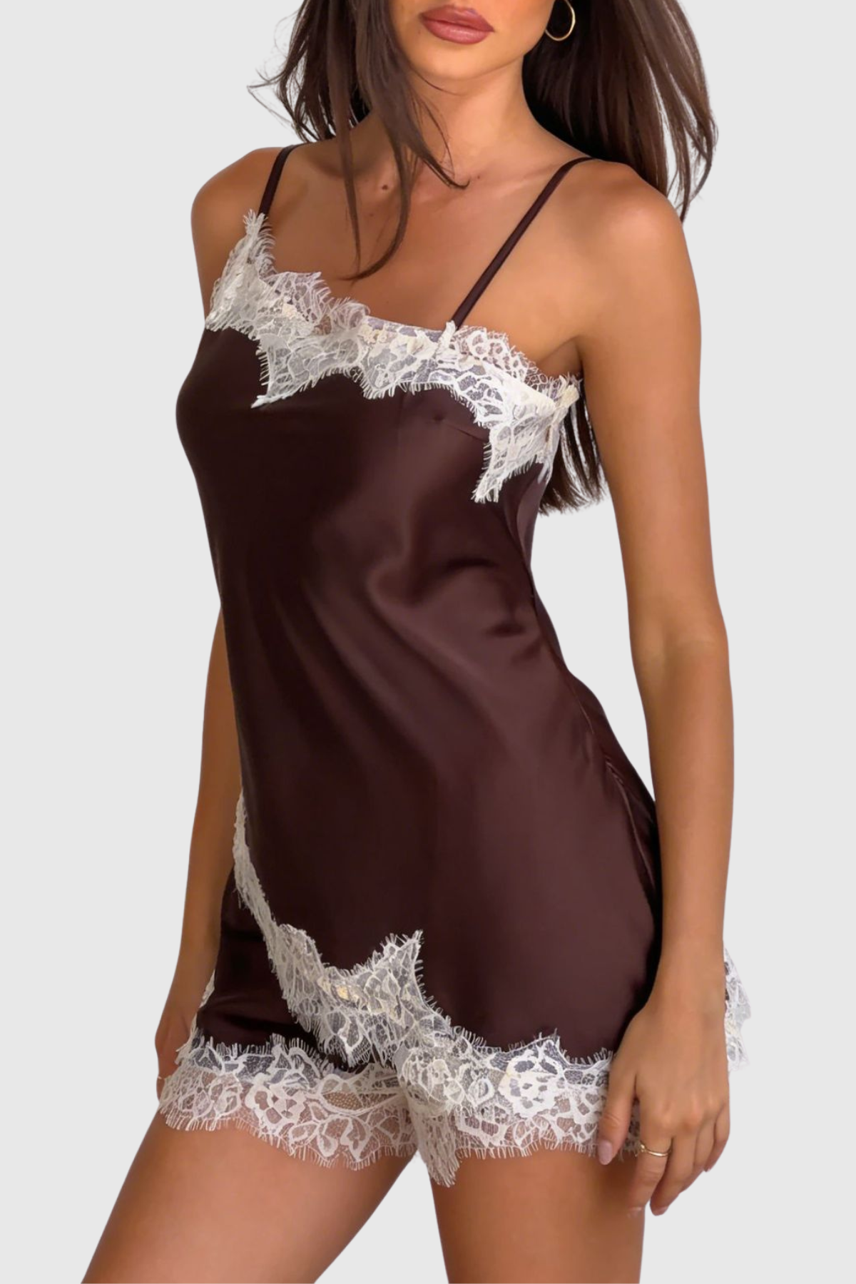 Bradfea Lace Top & Shorts Set - Brown