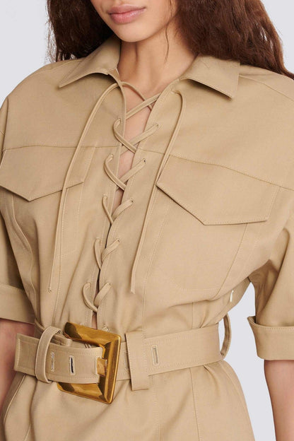 Brena Lace Up Belted Mini Dress - Khaki