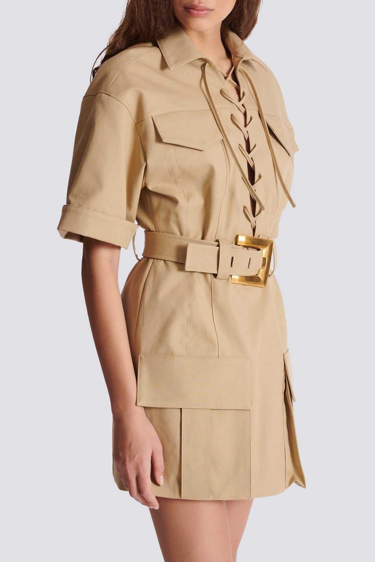Brena Lace Up Belted Mini Dress - Khaki