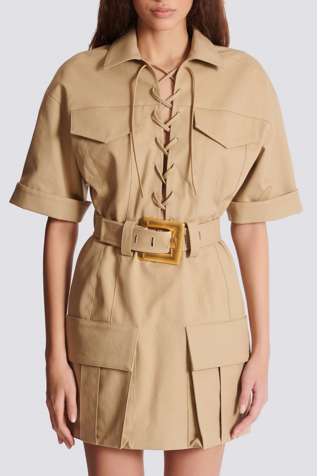Brena Lace Up Belted Mini Dress - Khaki