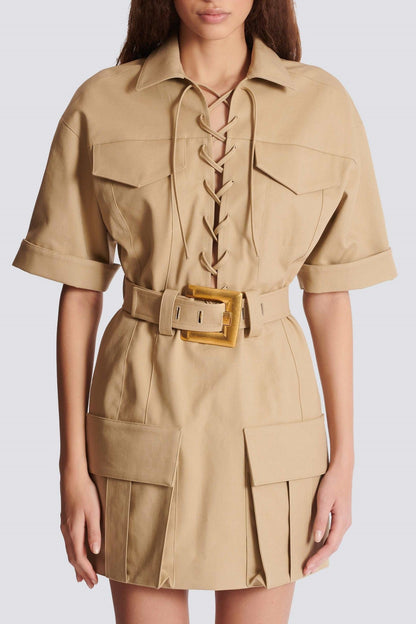 Brena Lace Up Belted Mini Dress - Khaki