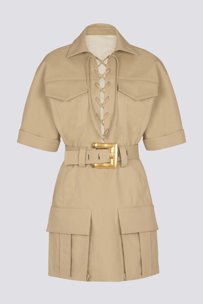 Brena Lace Up Belted Mini Dress - Khaki