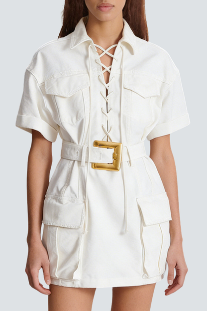 Brena Lace Up Belted Mini Dress - White