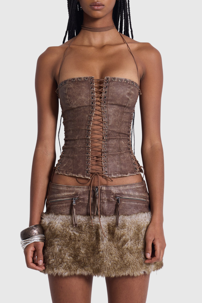 Briseis Faux Leather Lace Up Corset - Brown