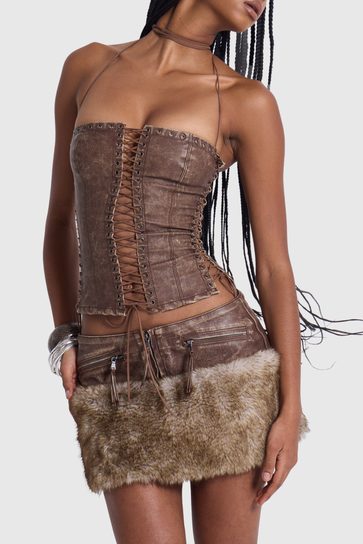 Briseis Faux Leather Lace Up Corset - Brown