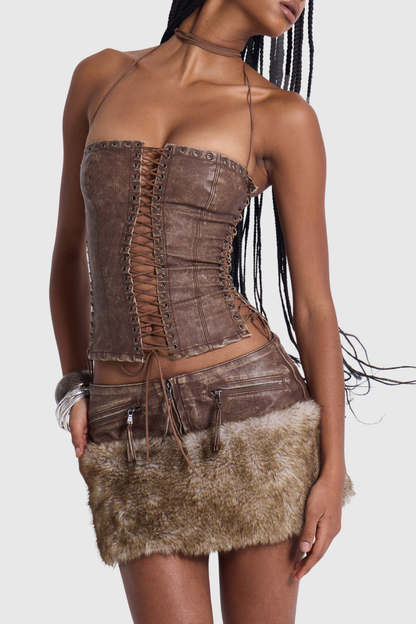 Briseis Faux Leather Lace Up Corset - Brown