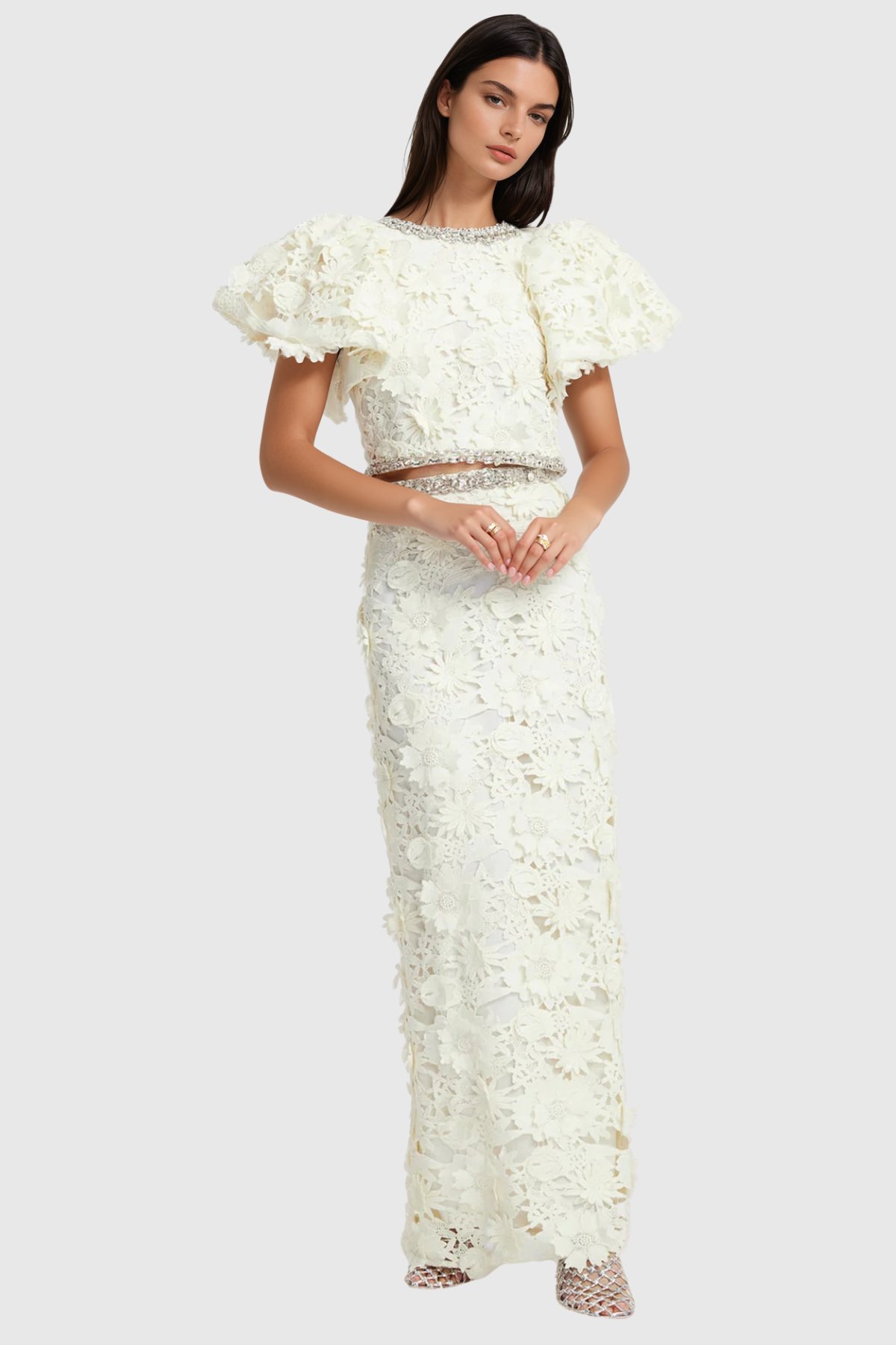 Broro Crystal Floral Lace Top & Maxi Skirt Set