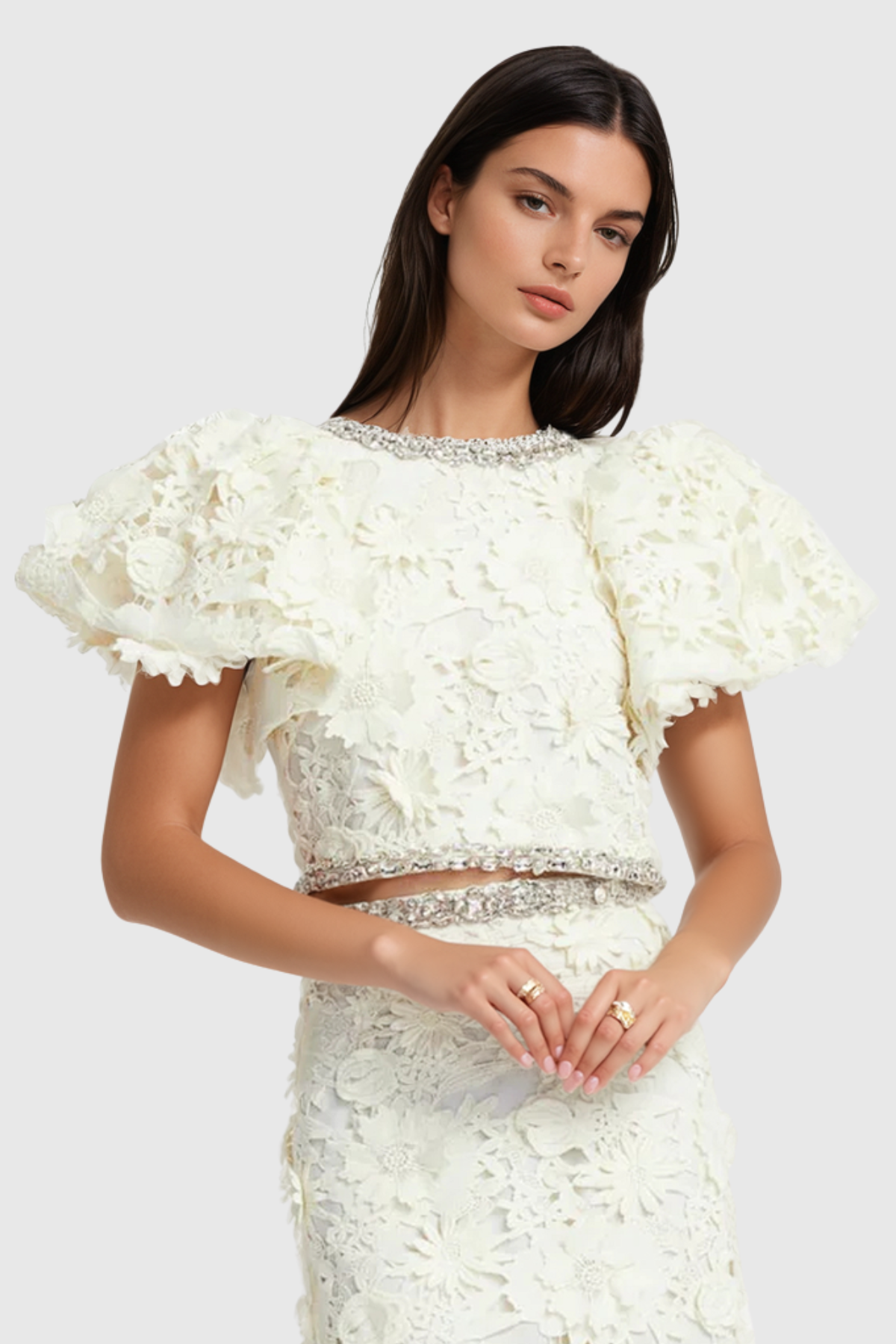 Broro Crystal Floral Lace Top & Maxi Skirt Set
