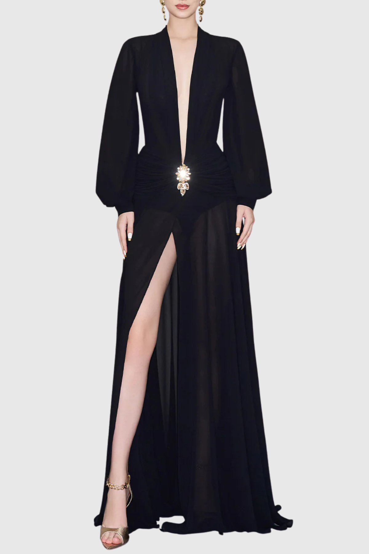 Calantha Plunge Crystal Slit Maxi Dress