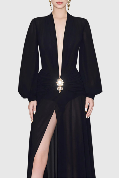 Calantha Plunge Crystal Slit Maxi Dress