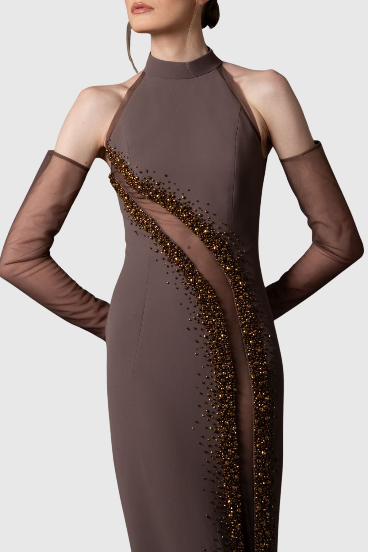 Caldsa Crystal Embellished Mesh Cutout Maxi Dress