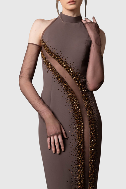 Caldsa Crystal Embellished Mesh Cutout Maxi Dress