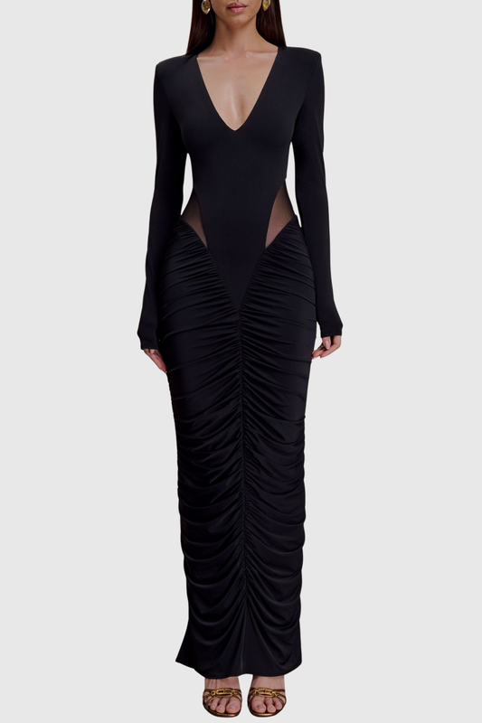 Calix Mesh Ruched Maxi Dress - Black