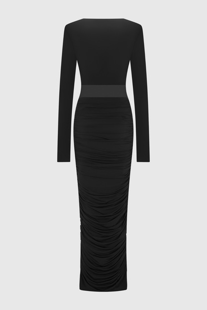 Calix Mesh Ruched Maxi Dress - Black