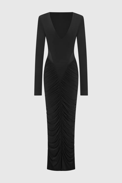Calix Mesh Ruched Maxi Dress - Black