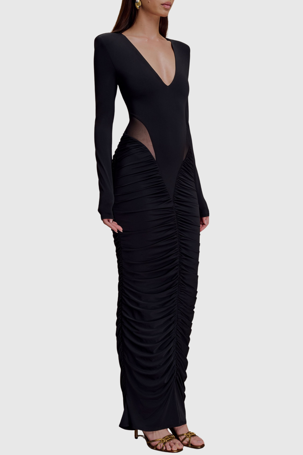 Calix Mesh Ruched Maxi Dress - Black