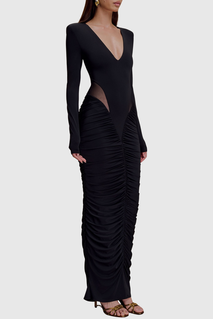 Calix Mesh Ruched Maxi Dress - Black