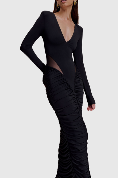 Calix Mesh Ruched Maxi Dress - Black