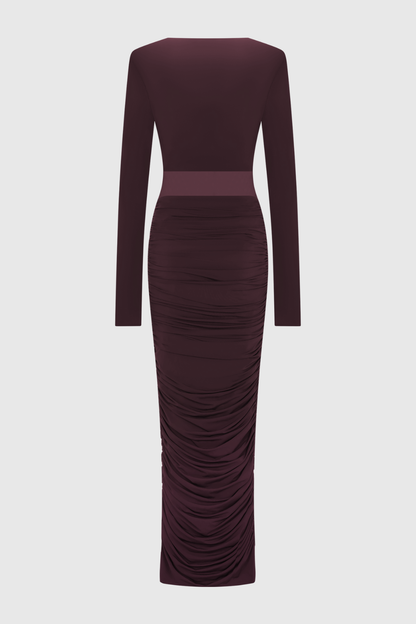 Calix Mesh Ruched Maxi Dress - Wine