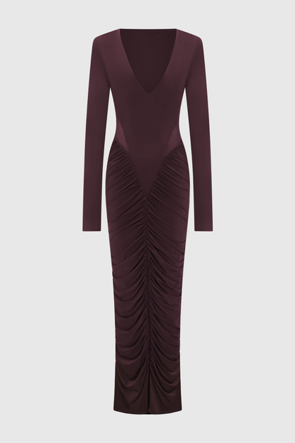 Calix Mesh Ruched Maxi Dress - Wine