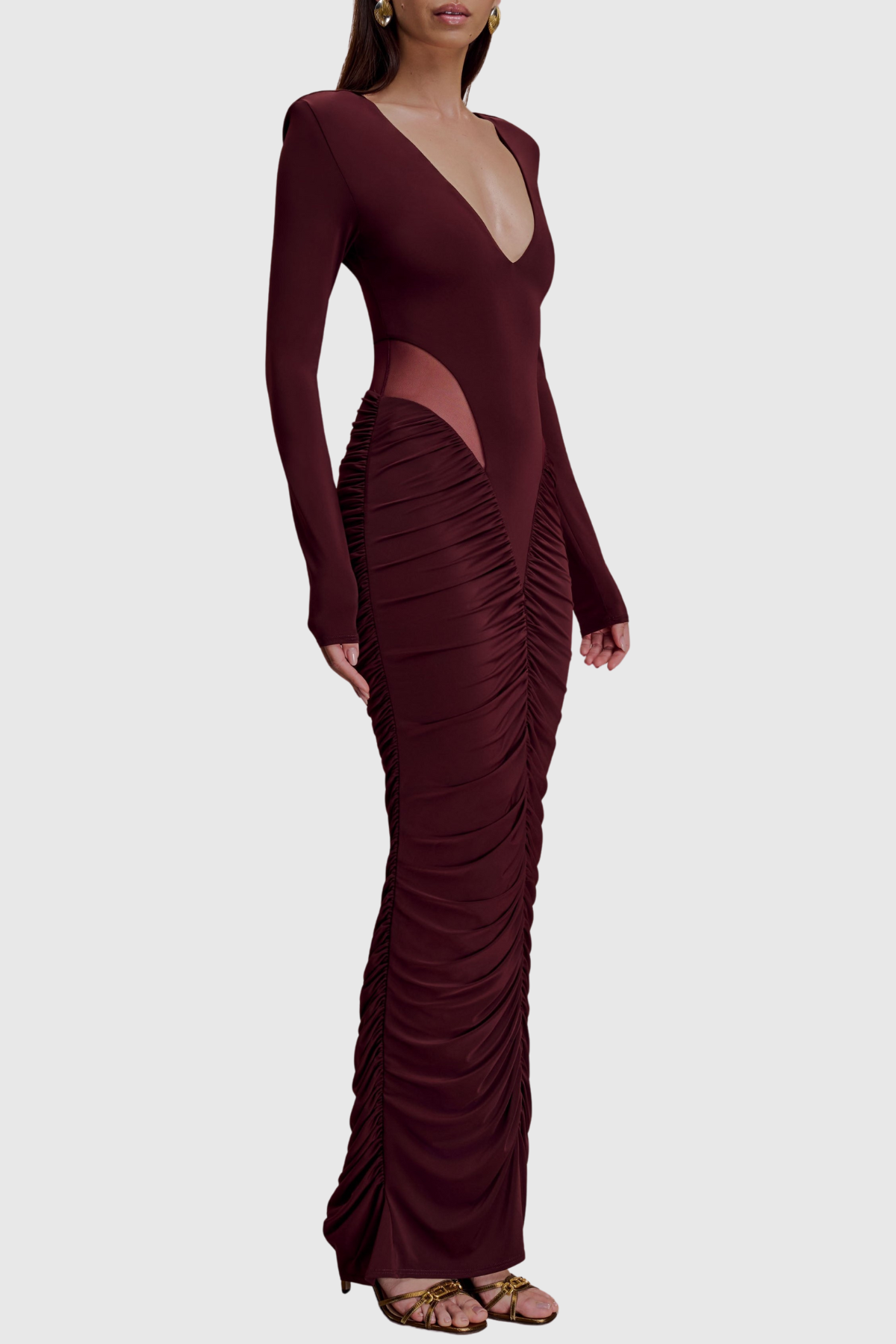 Calix Mesh Ruched Maxi Dress - Wine
