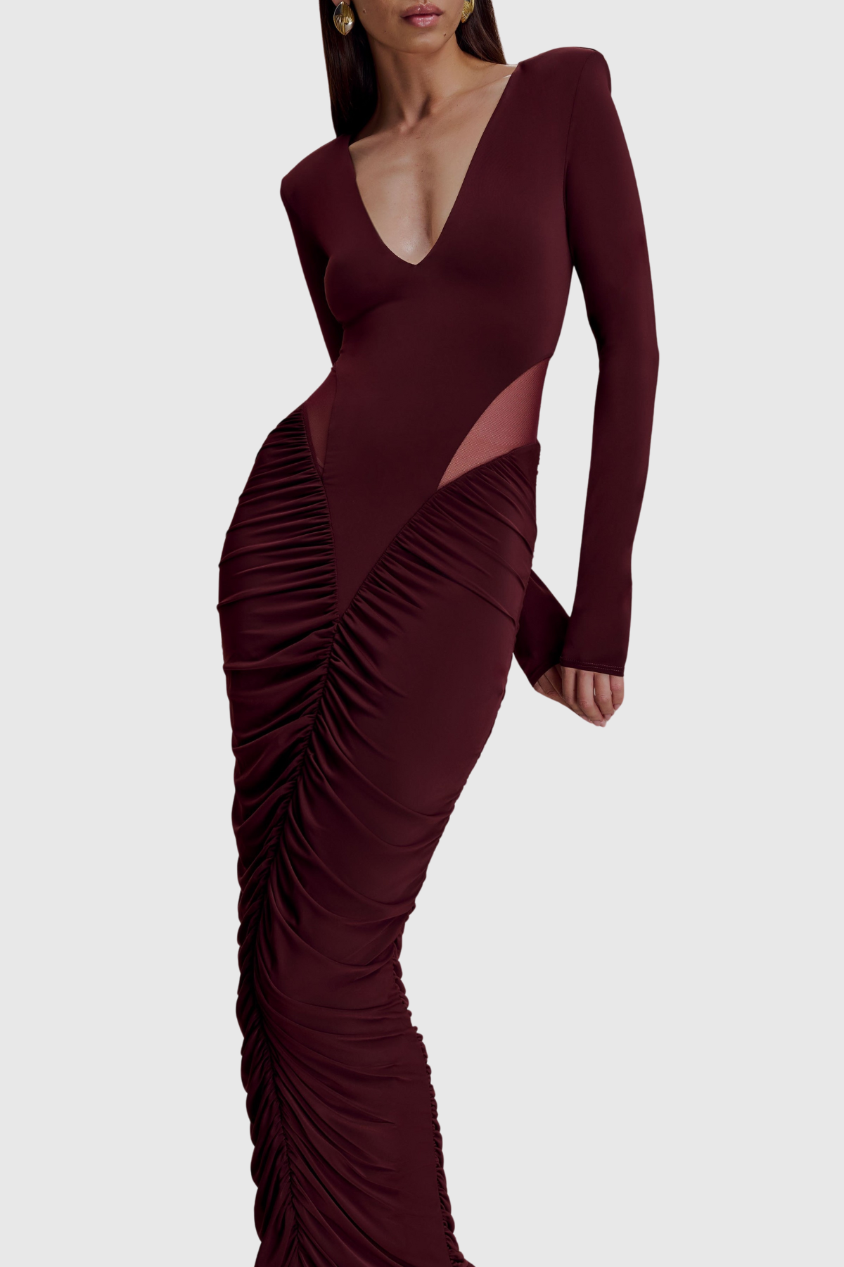 Calix Mesh Ruched Maxi Dress - Wine