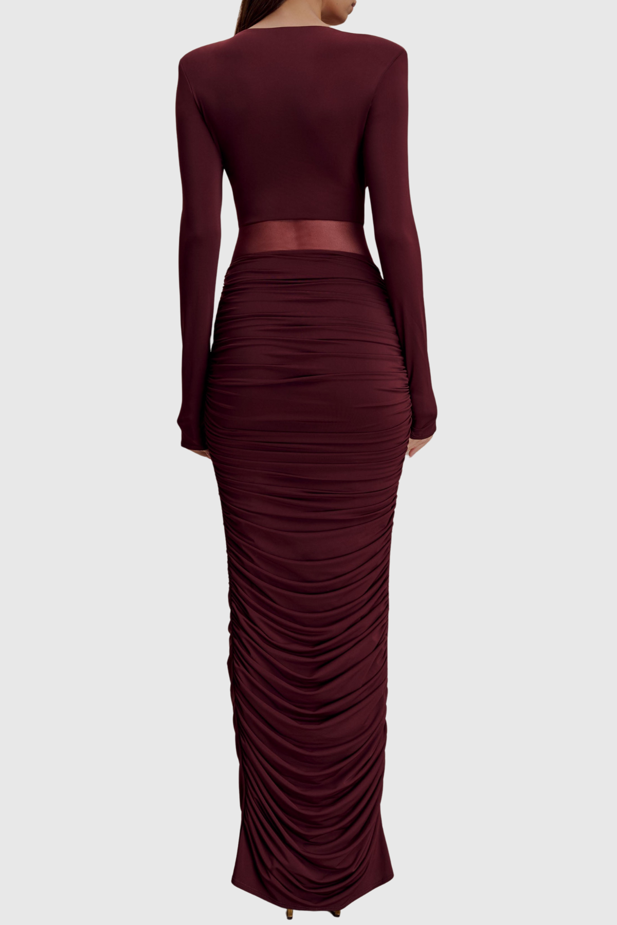 Calix Mesh Ruched Maxi Dress - Wine