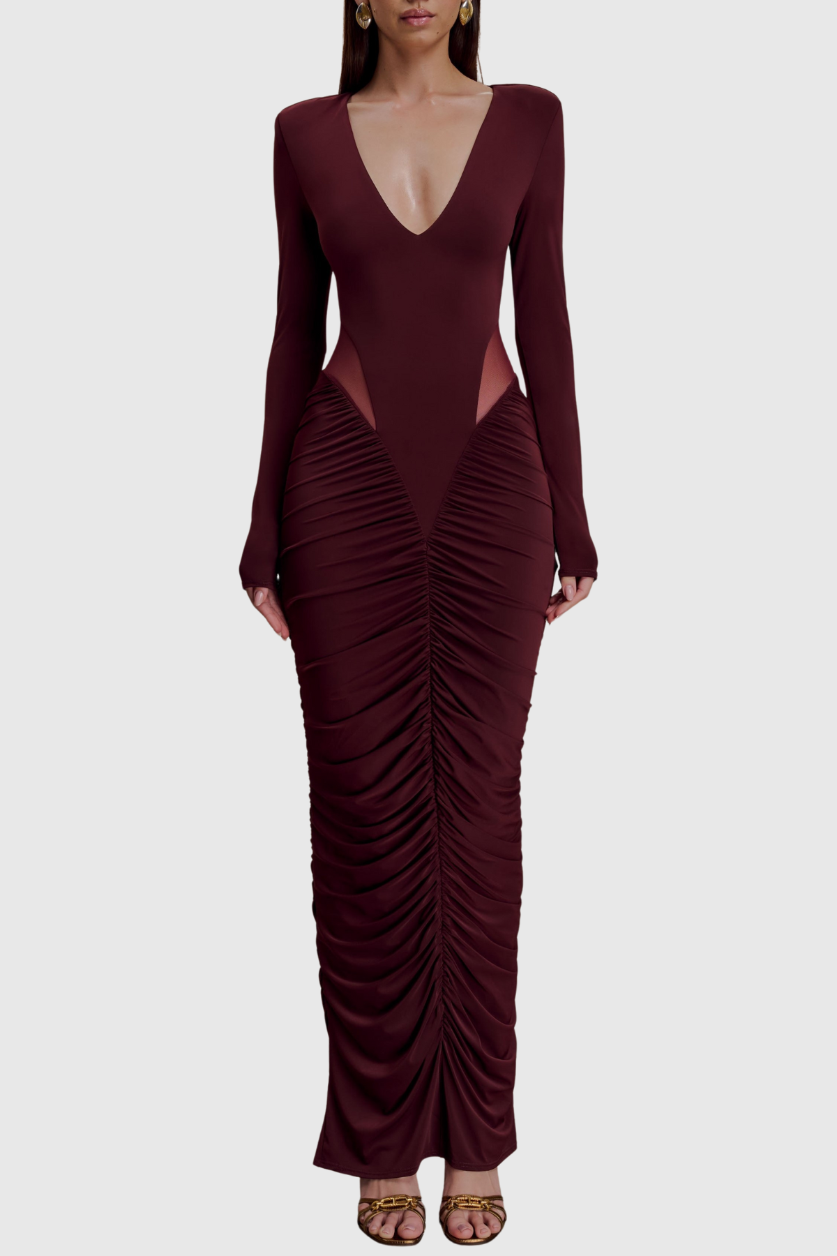 Calix Mesh Ruched Maxi Dress - Wine