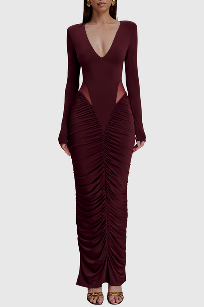 Calix Mesh Ruched Maxi Dress - Wine