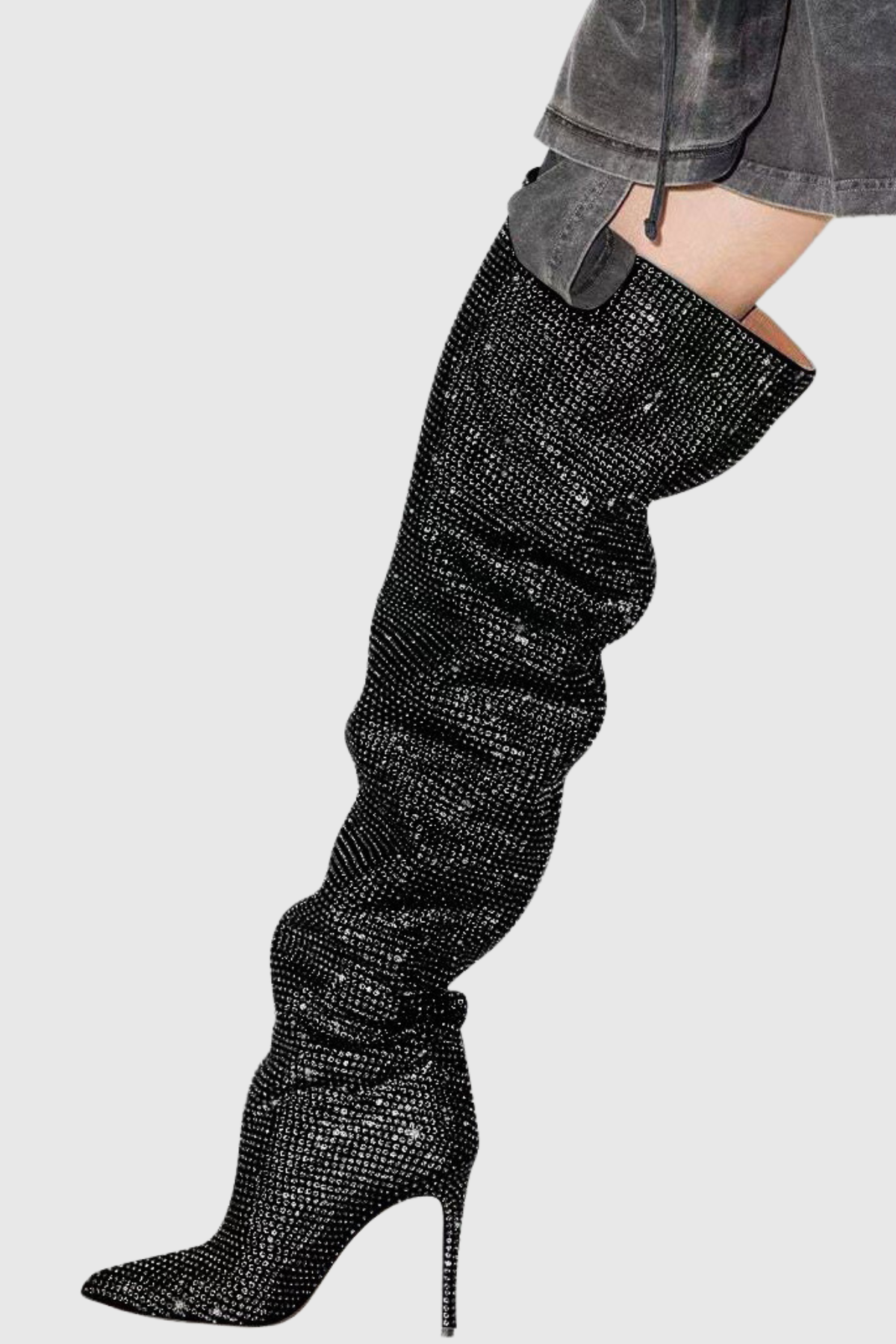 Callisto Crystal Embellished Ruched Knee-high Boots - Black