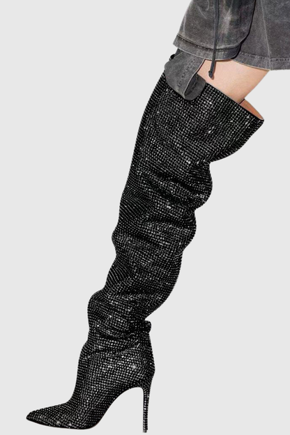 Callisto Crystal Embellished Ruched Knee-high Boots - Black
