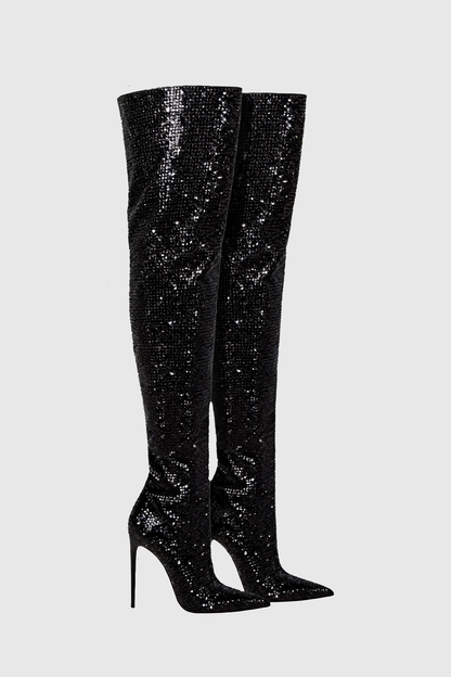 Callisto Crystal Embellished Ruched Knee-high Boots - Black