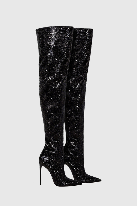 Callisto Crystal Embellished Ruched Knee-high Boots - Black