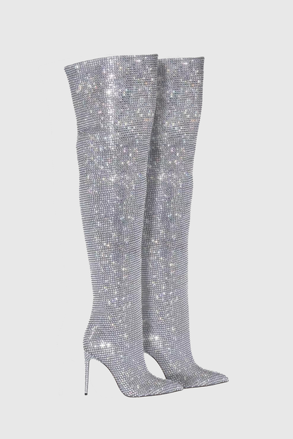 Callisto Crystal Embellished Ruched Knee-high Boots - Silver