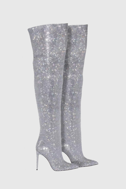Callisto Crystal Embellished Ruched Knee-high Boots - Silver