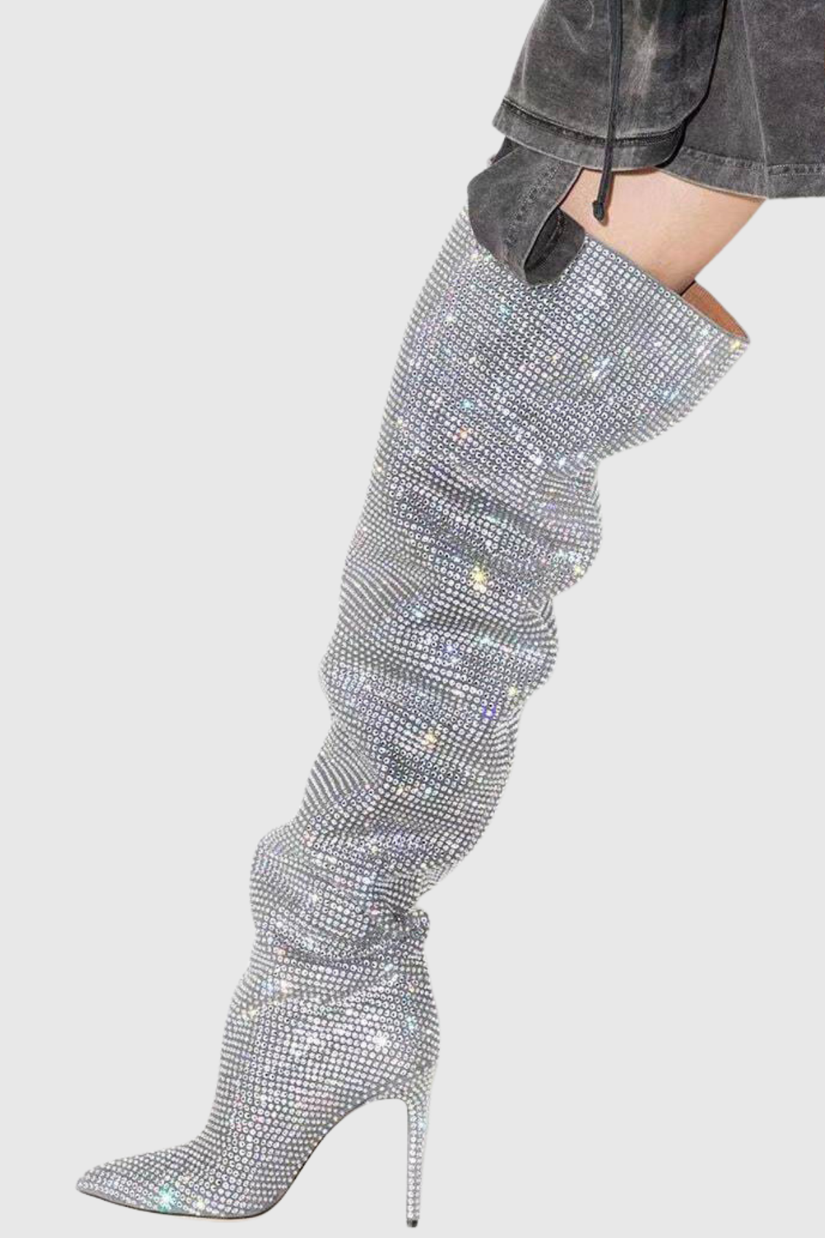 Callisto Crystal Embellished Ruched Knee-high Boots - Silver