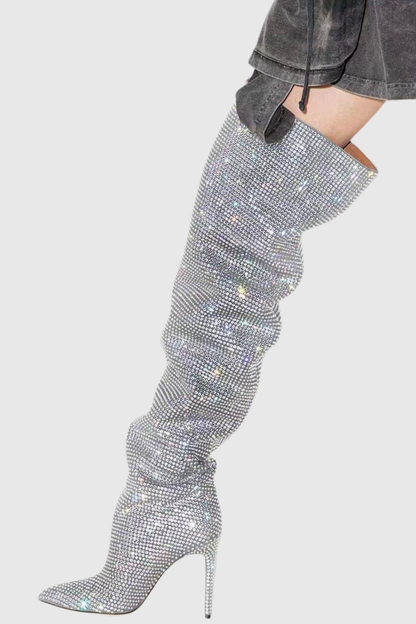 Callisto Crystal Embellished Ruched Knee-high Boots - Silver