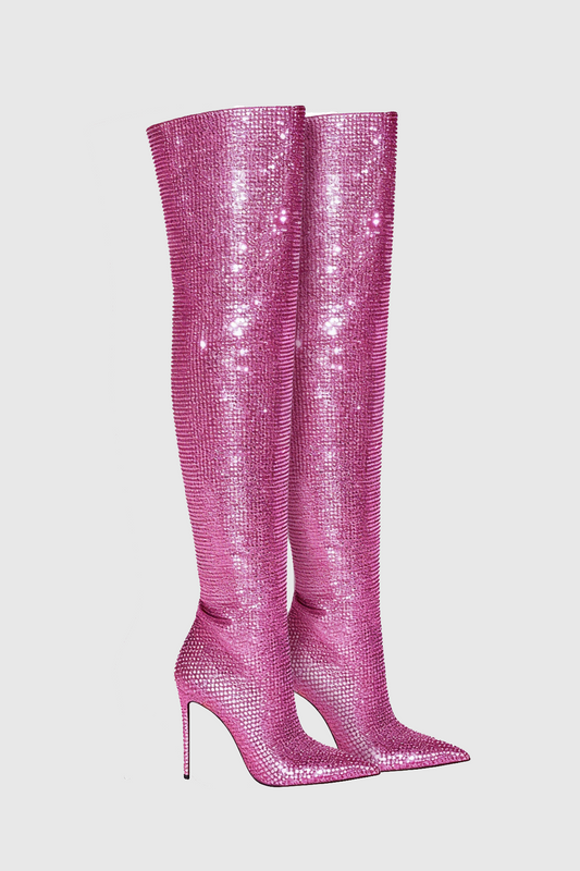 Callisto Crystal Embellished Ruched Knee-high Boots - Pink