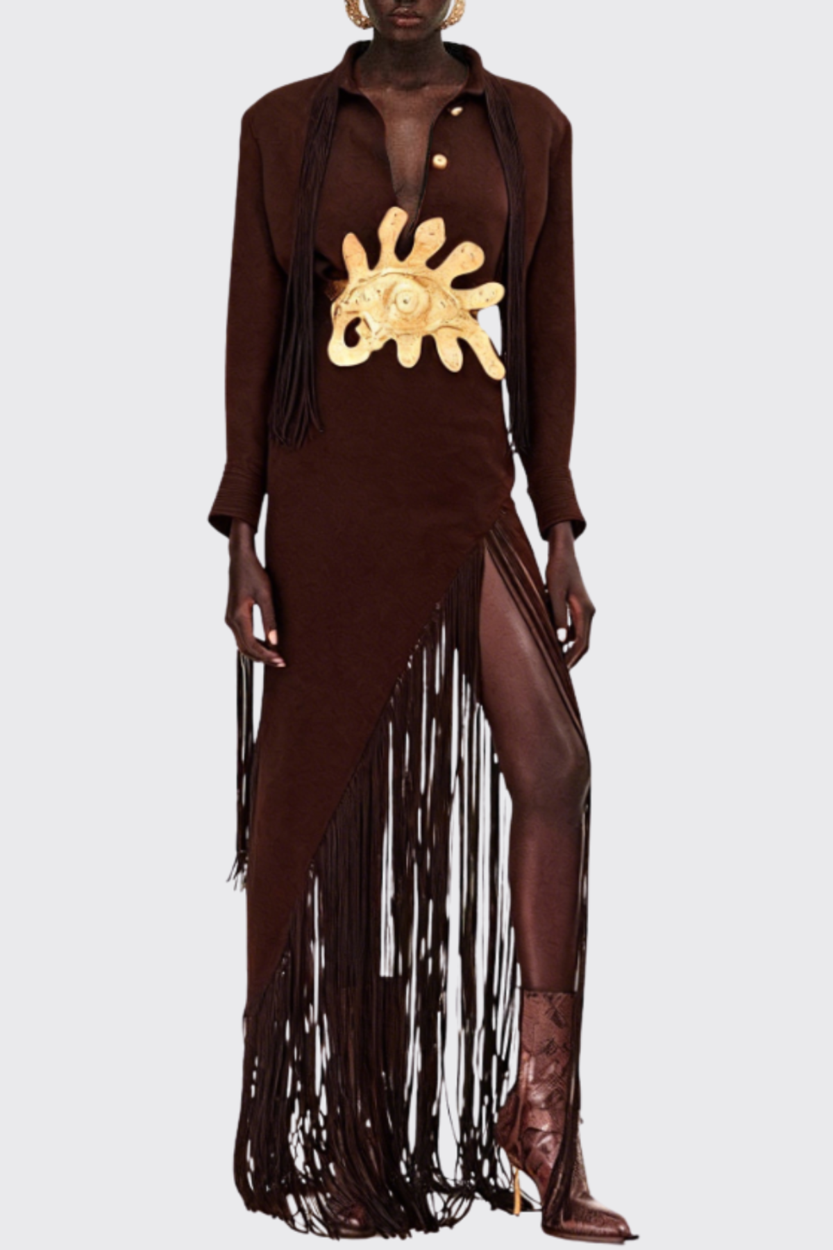 Calvra Fringe Buttoned Shirt - Brown