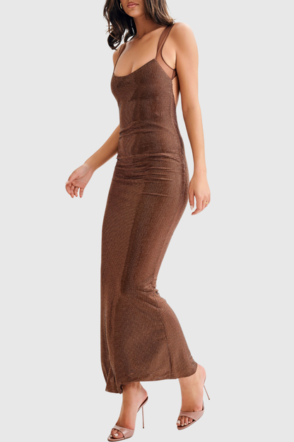 Caria Crystal Embellished Backless Maxi Dress - Brown