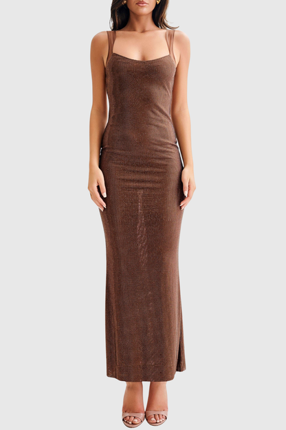 Caria Crystal Embellished Backless Maxi Dress - Brown