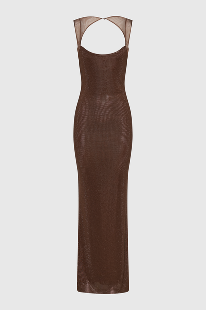 Caria Crystal Embellished Backless Maxi Dress - Brown
