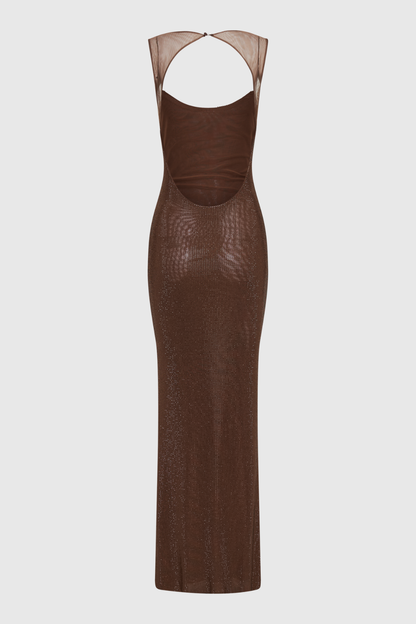 Caria Crystal Embellished Backless Maxi Dress - Brown